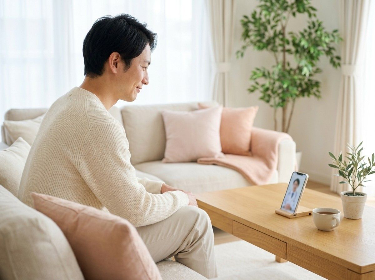 自宅のソファでくつろぎながら、スマートフォンのビデオ通話で診察を受ける男性
