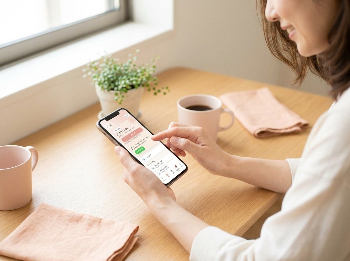 テーブルでスマートフォンを操作して予約や手続きをする女性の手元